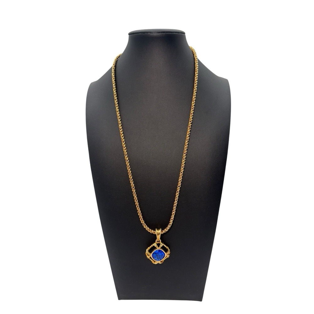Vintage Signed Swarovski Gold Tone Blue Crystal Pendant 24" Rope Chain‎ Necklace